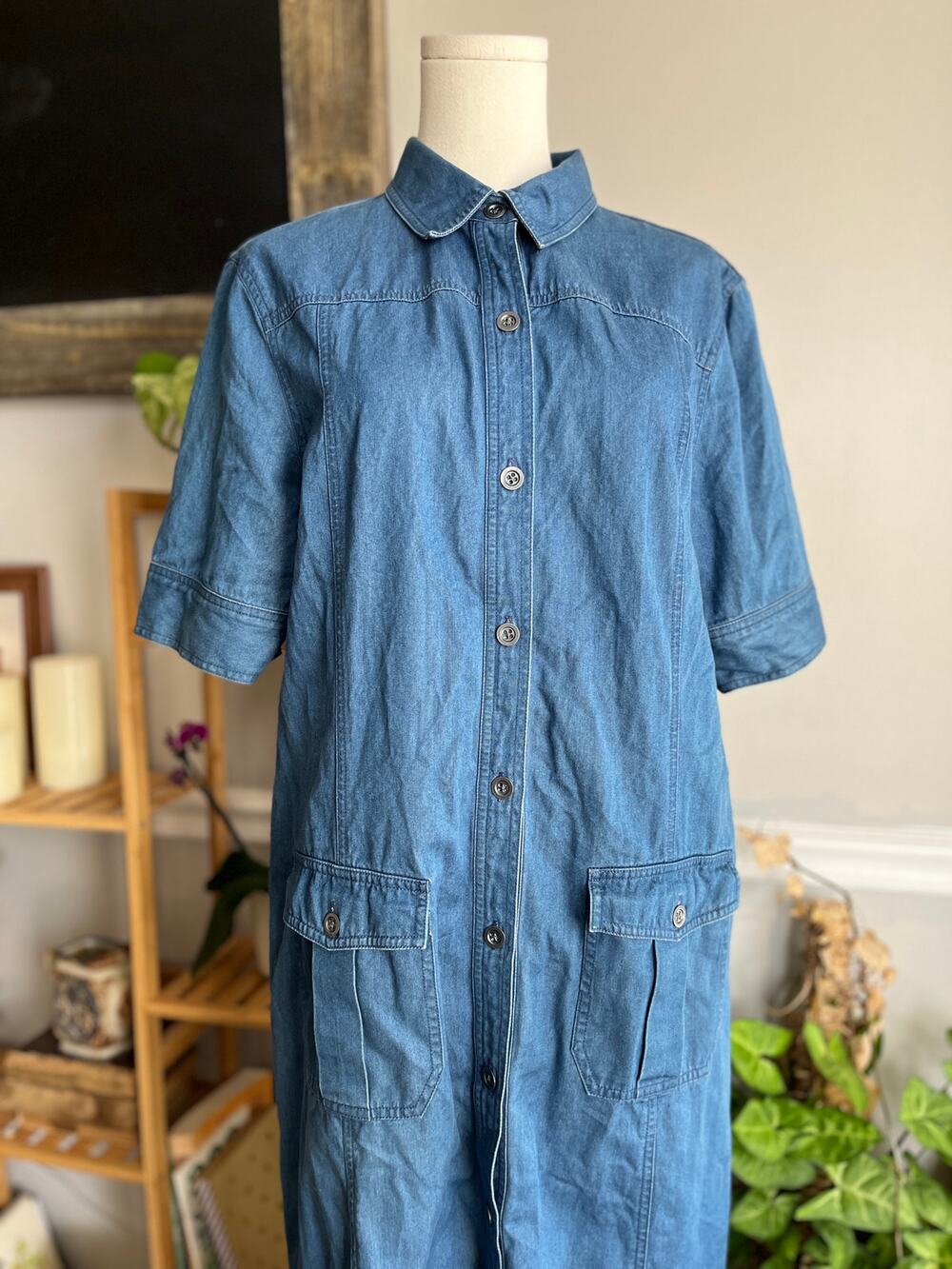 Vintage 90s Denim Maxi Dress Button Front Shirt Dress Size Large